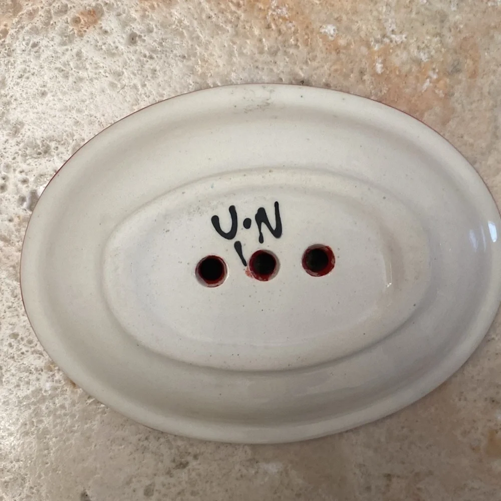 Soap dish Oval Red blue Orange pottery handmade Greece drain holes Jewelry dish